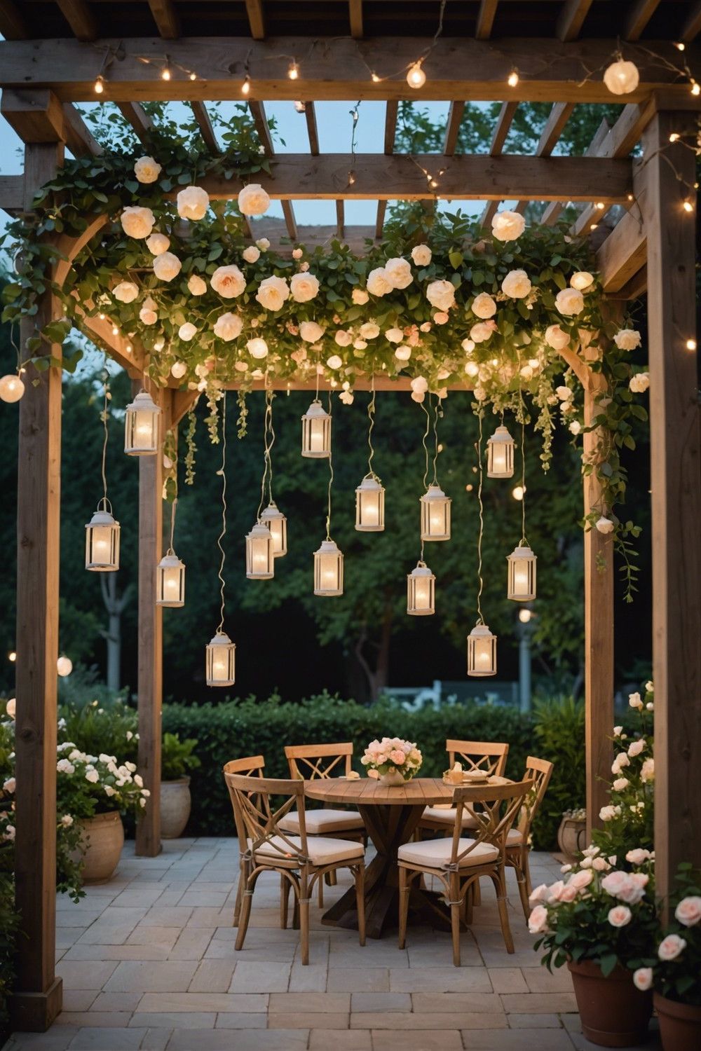 Hanging Floral Arrangements with Fairy Lights
