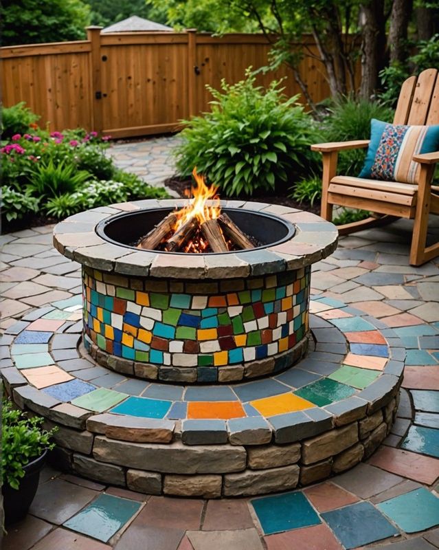 Flagstone Fire Pit with Mosaic Tile Surround