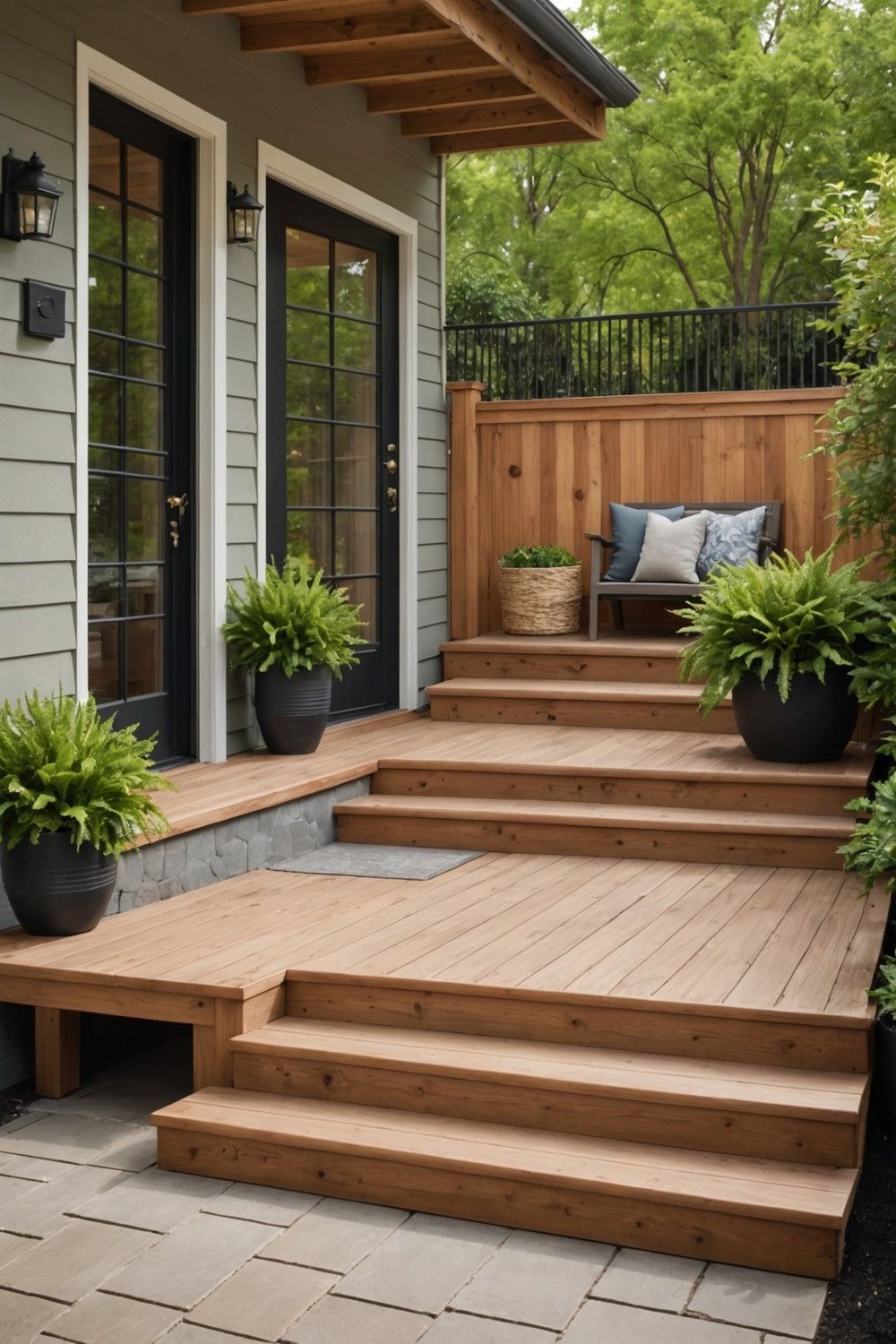 Wooden Steps with a Natural Wood Railing