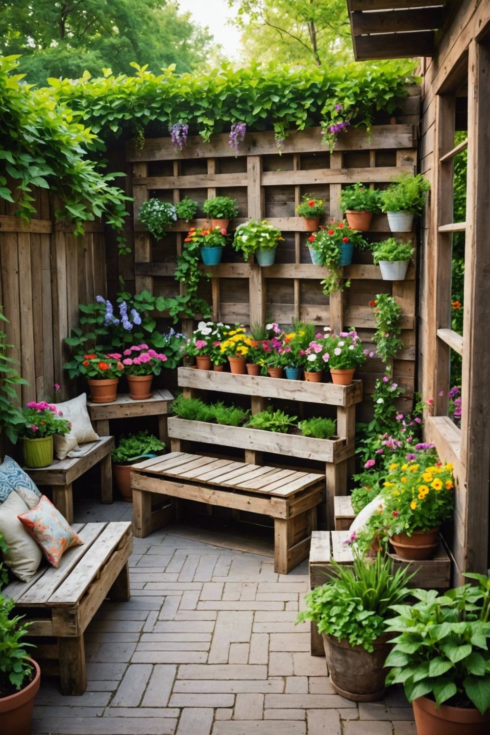 Upcycled Pallet Planter Box with Built-In Benches