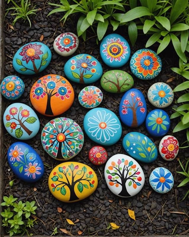 Whimsical Garden with Painted Stones and Quirky Ornaments
