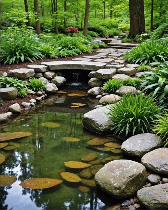 Stone bench placed by a murmuring stream