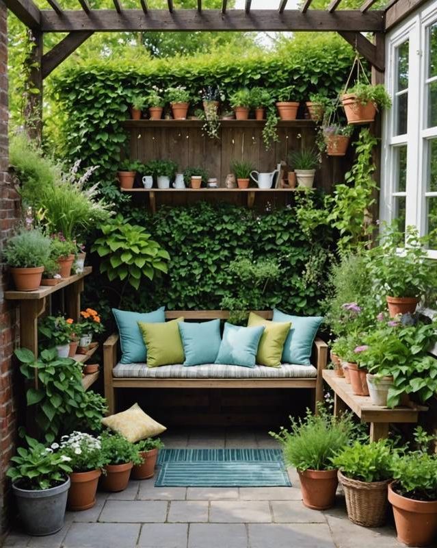 Cozy reading nook surrounded by a fragrant herb garden
