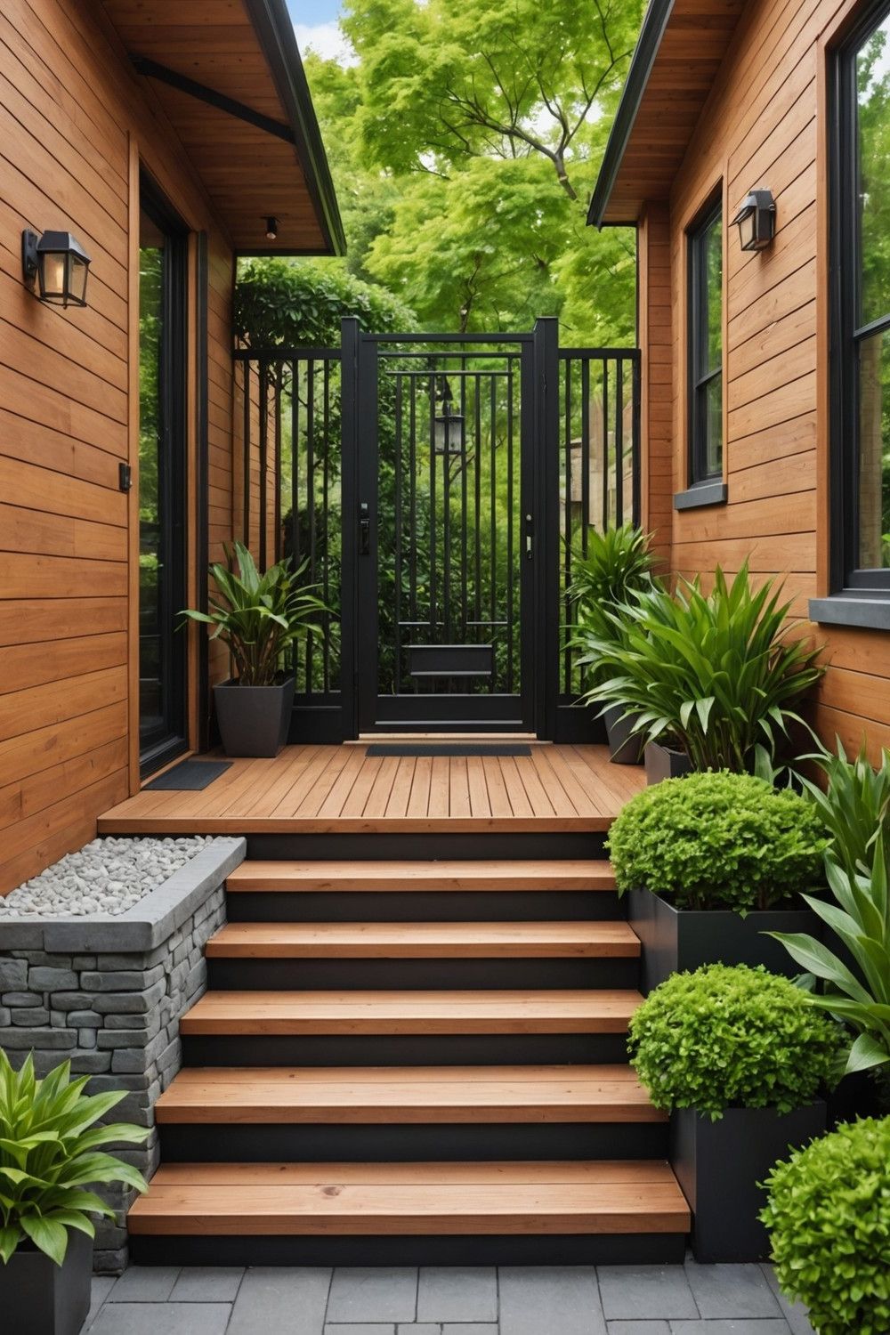 Wooden Steps with Decorative Metal Railings