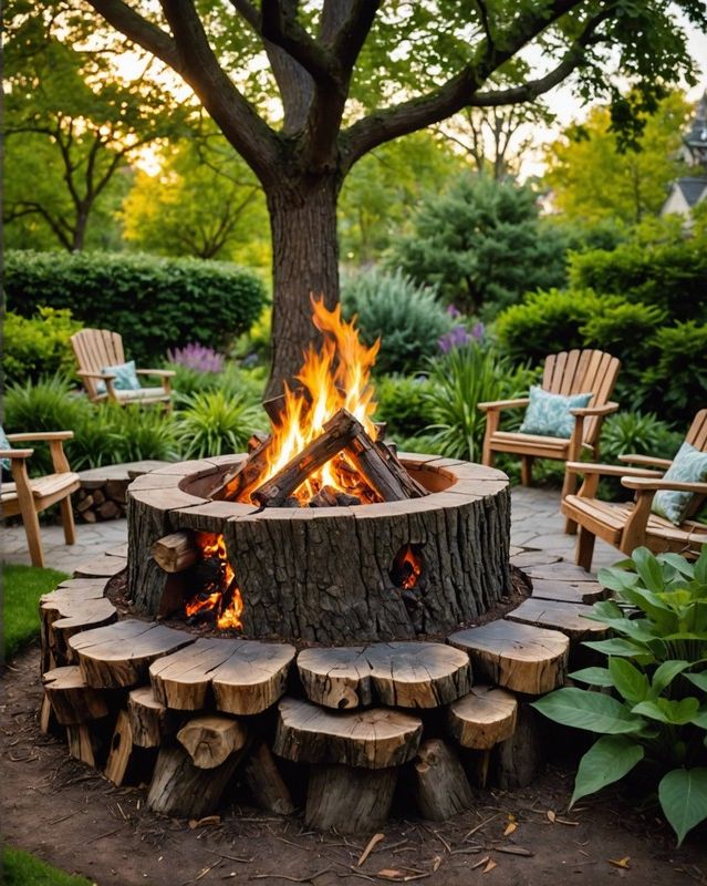 Wood-Burning Fire Pit with Tree Stump Surround