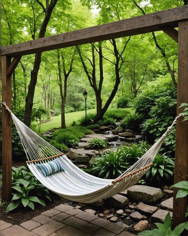 Hidden nook with a hammock overlooking a babbling brook