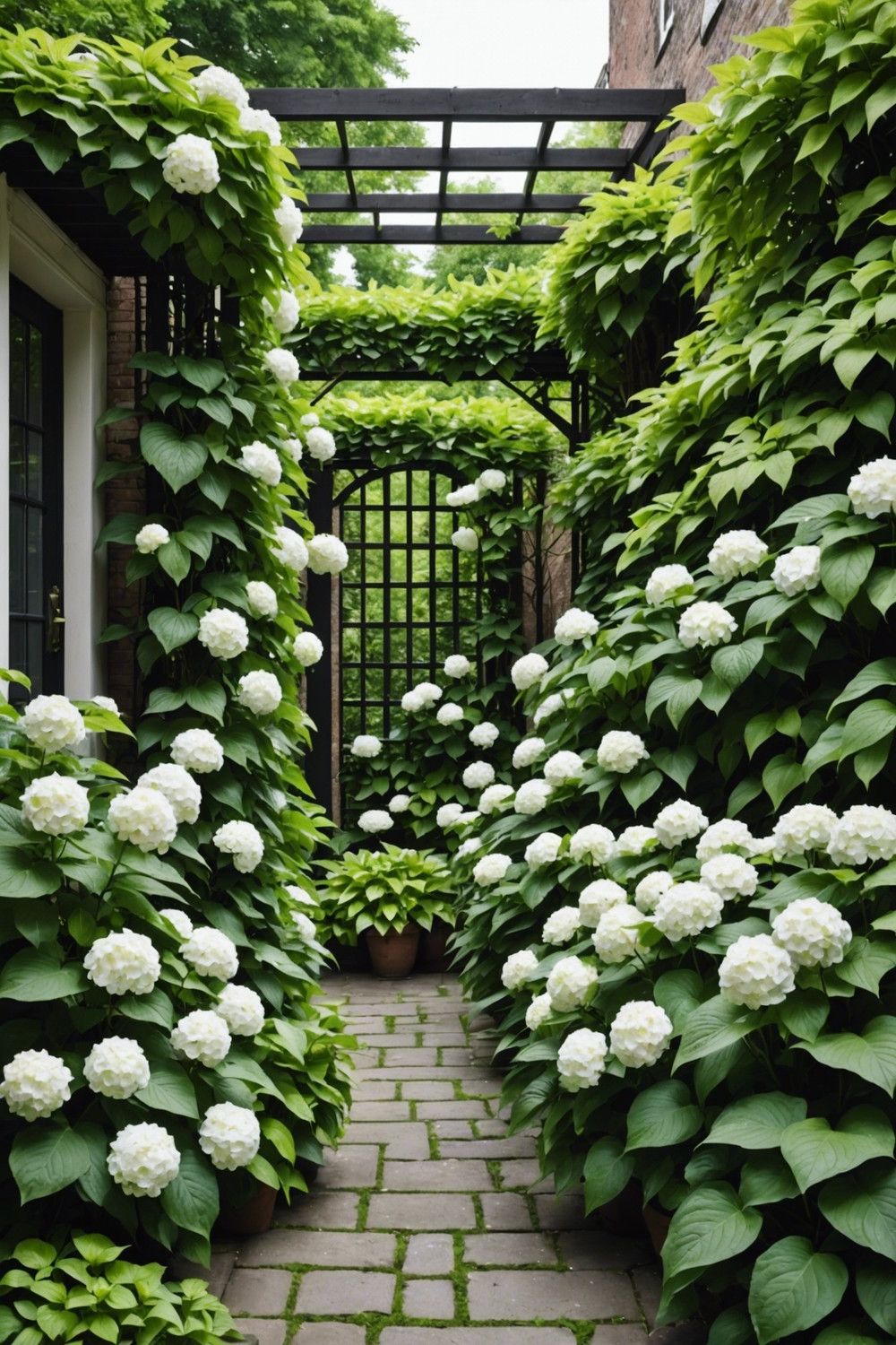Urban Jungle with Climbing Hydrangeas and Hostas with White Blooms