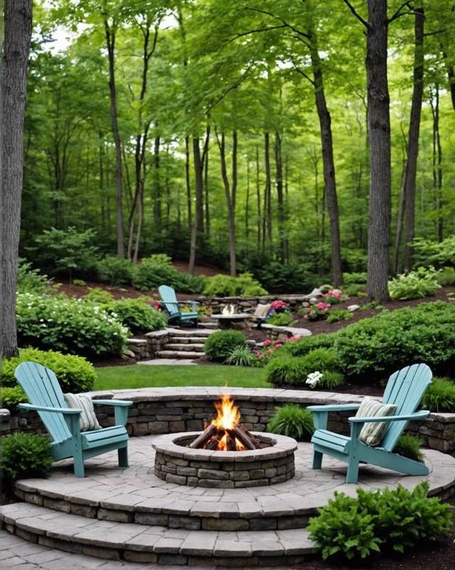 Tranquil nook with a fire pit and Adirondack chairs