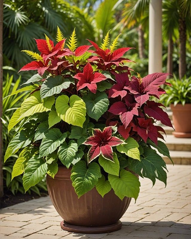 Tropical Oasis: Pair Coleus with Palm Fronds and Hibiscus
