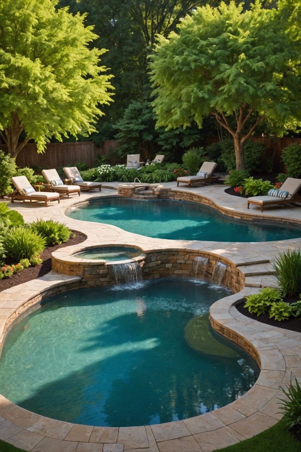 Curved Semi Inground Pool with Water Feature