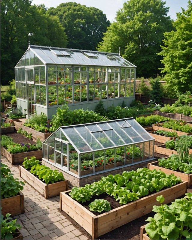 Enclosed Vegetable Garden with a Greenhouse Extension and Raised Beds
