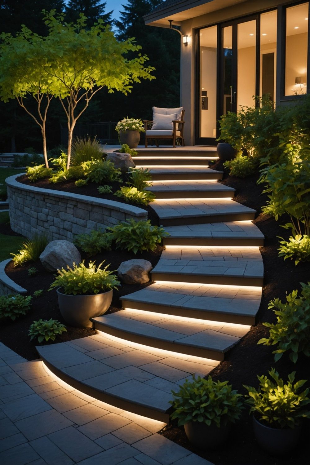 Curved Steps with LED Lighting