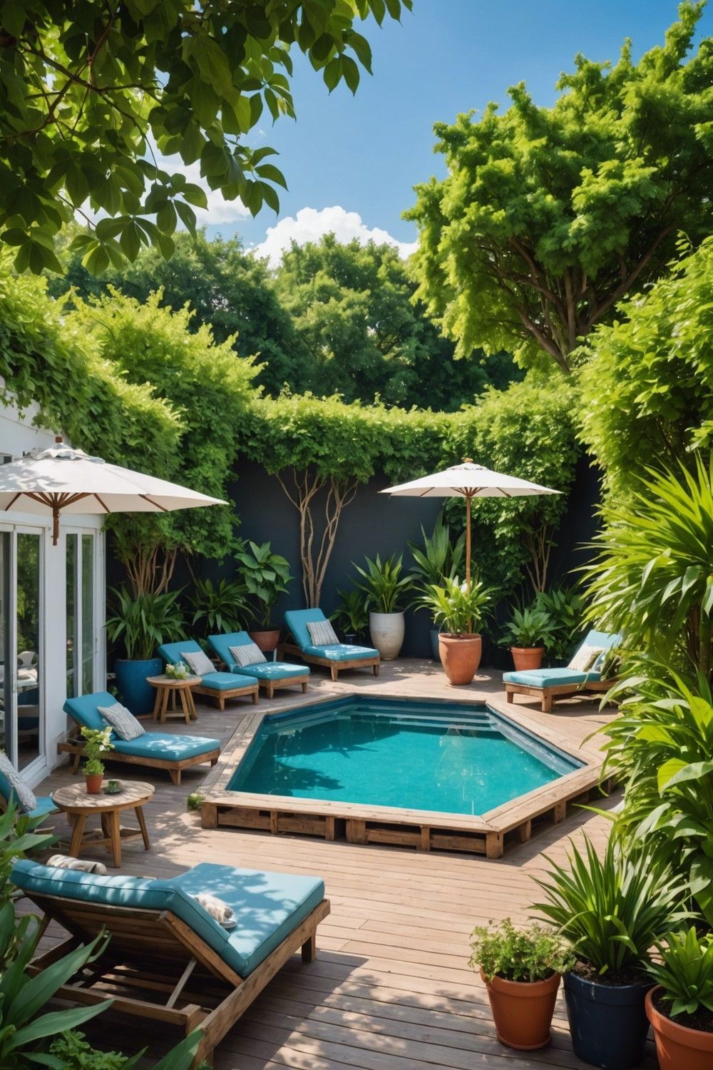 Hexagonal Pallet Pool Decks with Greenery