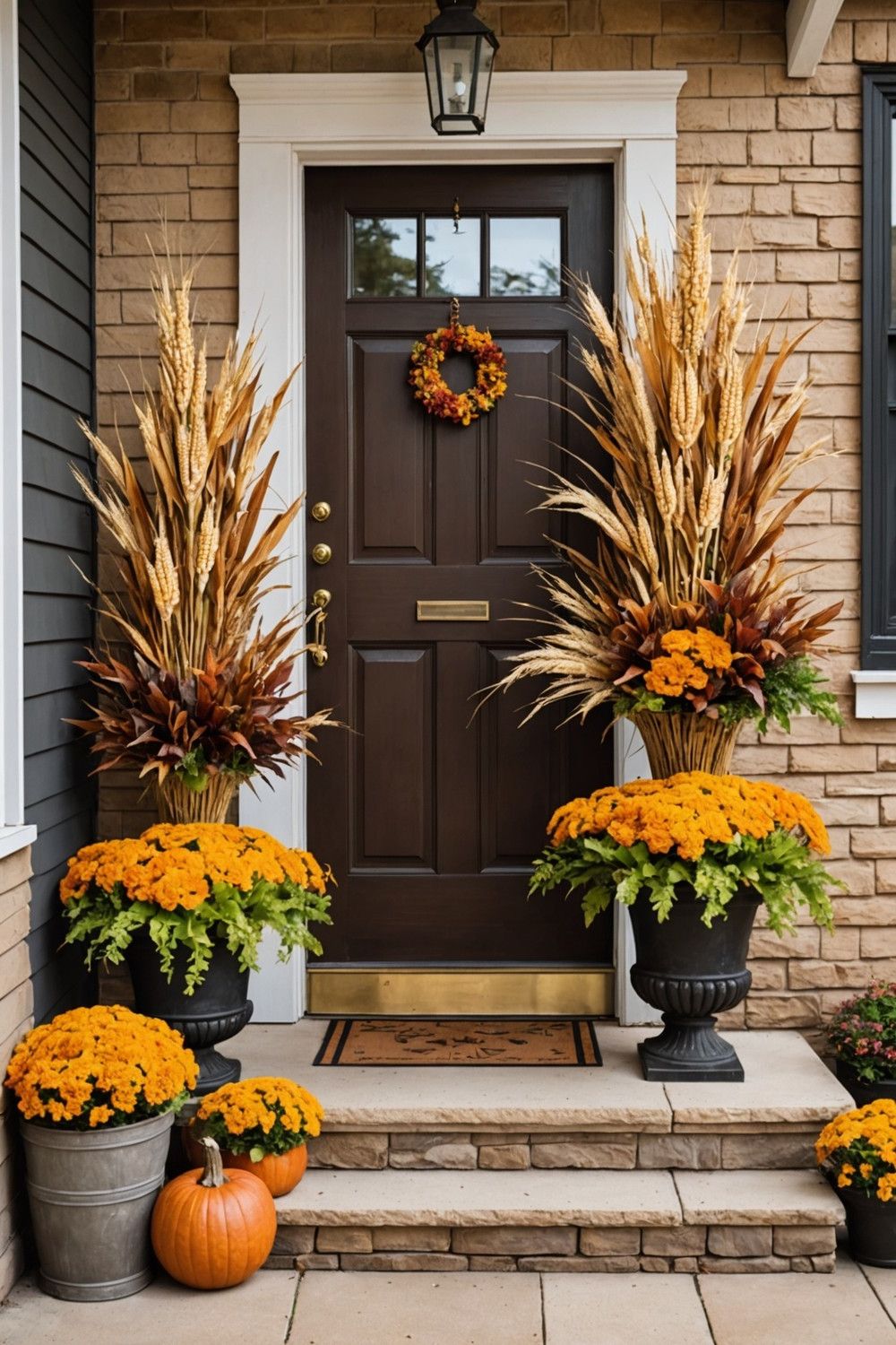Fall Foliage Planters with Dried Corn and Wheat