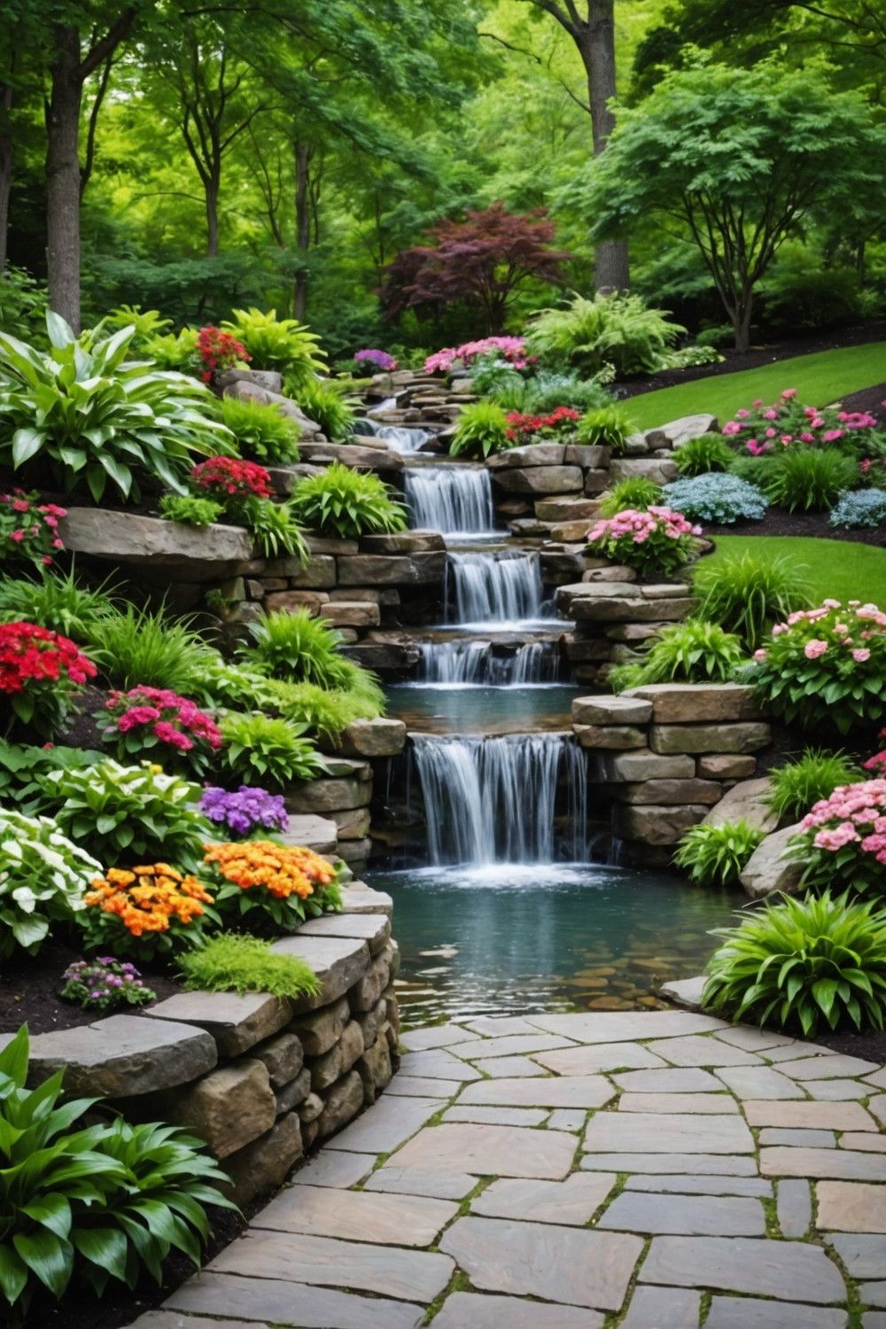 Stacked Stone Retaining Wall with Waterfall