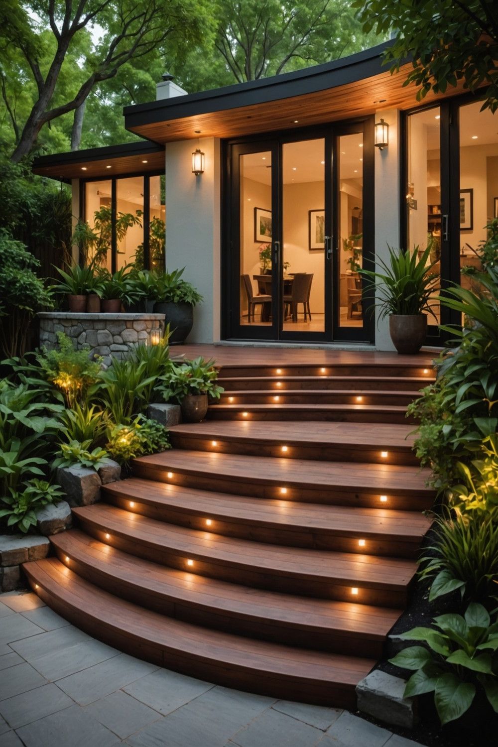 Curved Wooden Steps for a Grand Entrance
