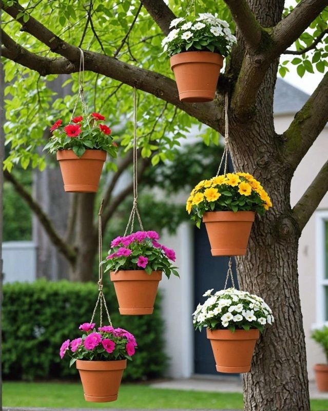 Flower Pots Suspended from a Tree Branch