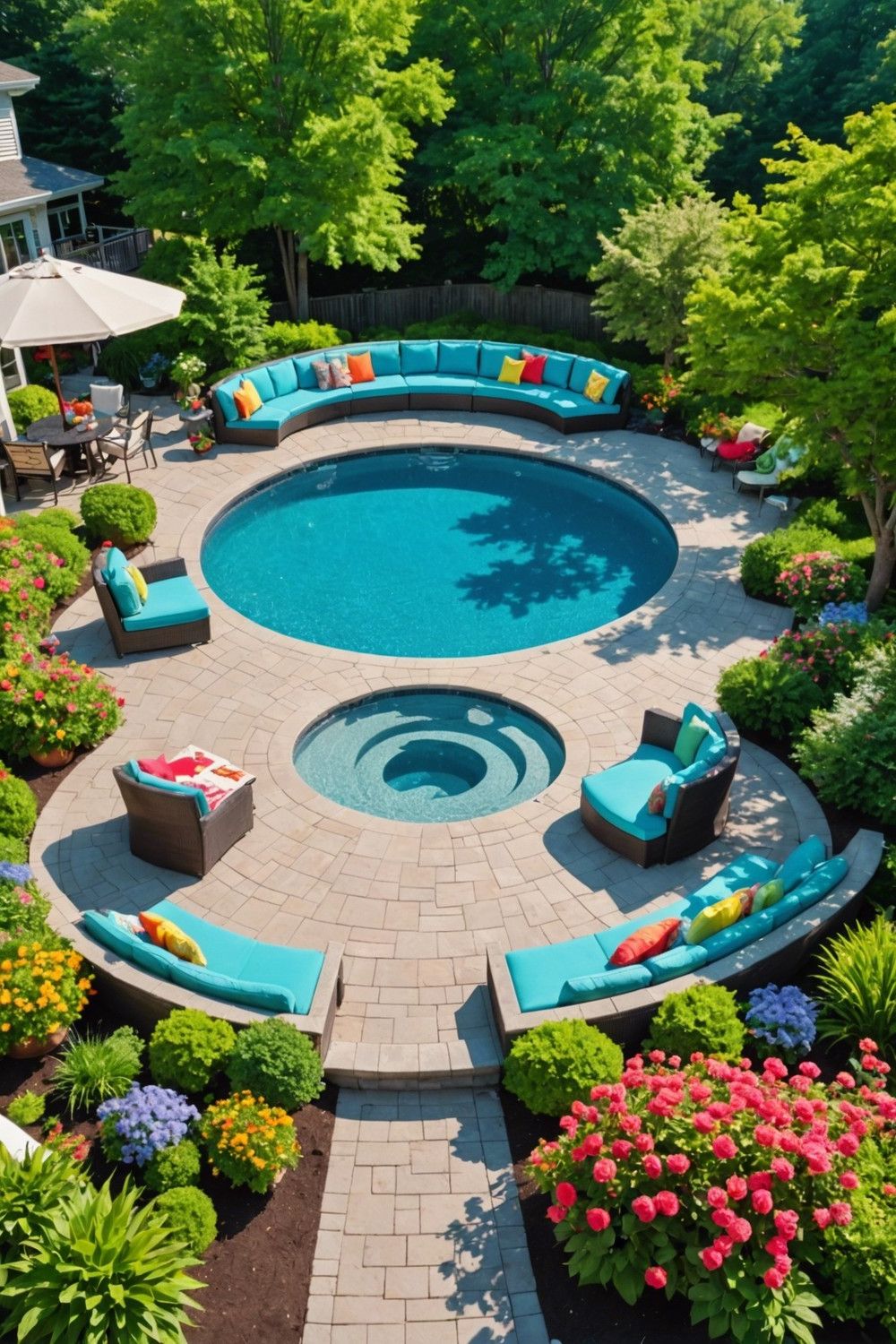 Round Pool Deck with Built-in Seating