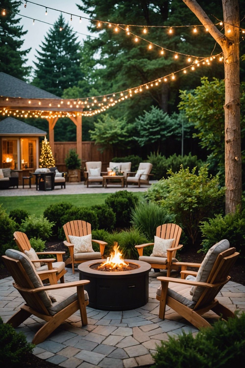 Fire Pit with Adirondack Chairs and Ottoman