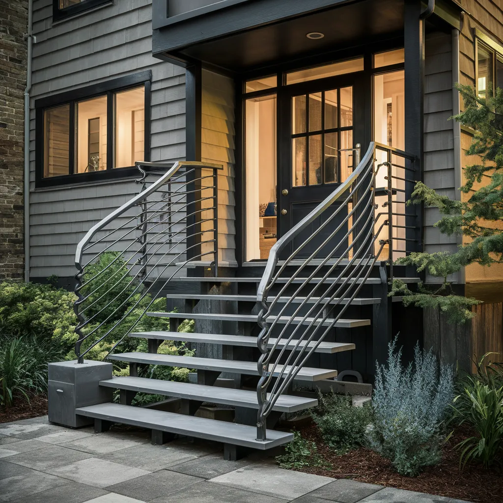 Steps with Twisting Metal Railing Design