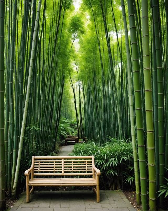 Secluded bench hidden among towering bamboo