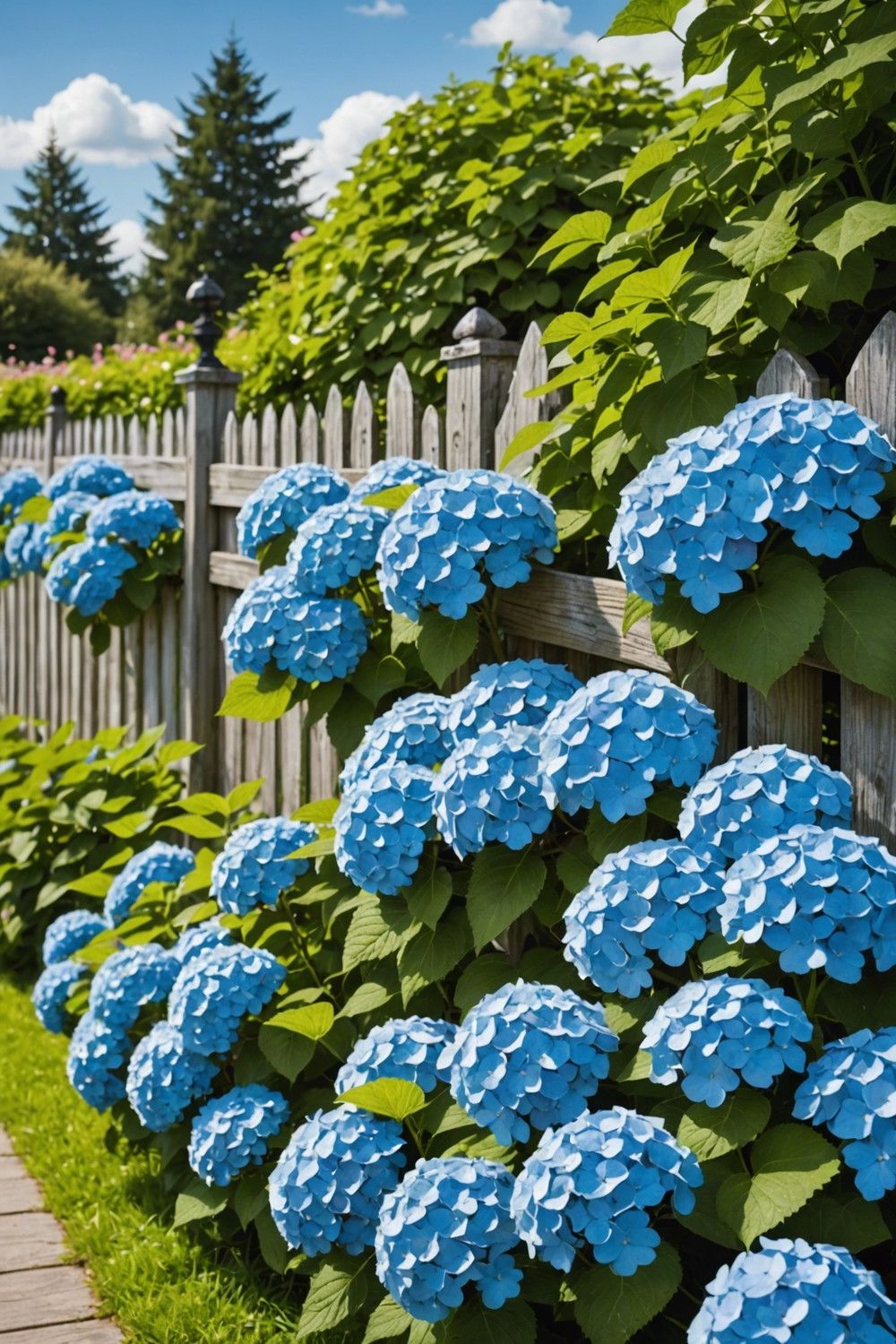Hydrangea Bushes Along a Fence