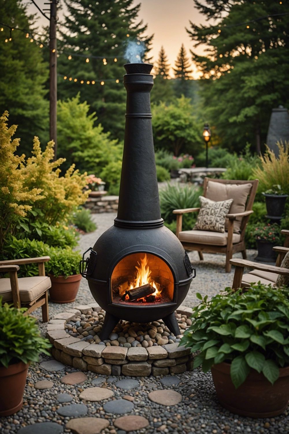 Rustic Chiminea on a Pebble Patio