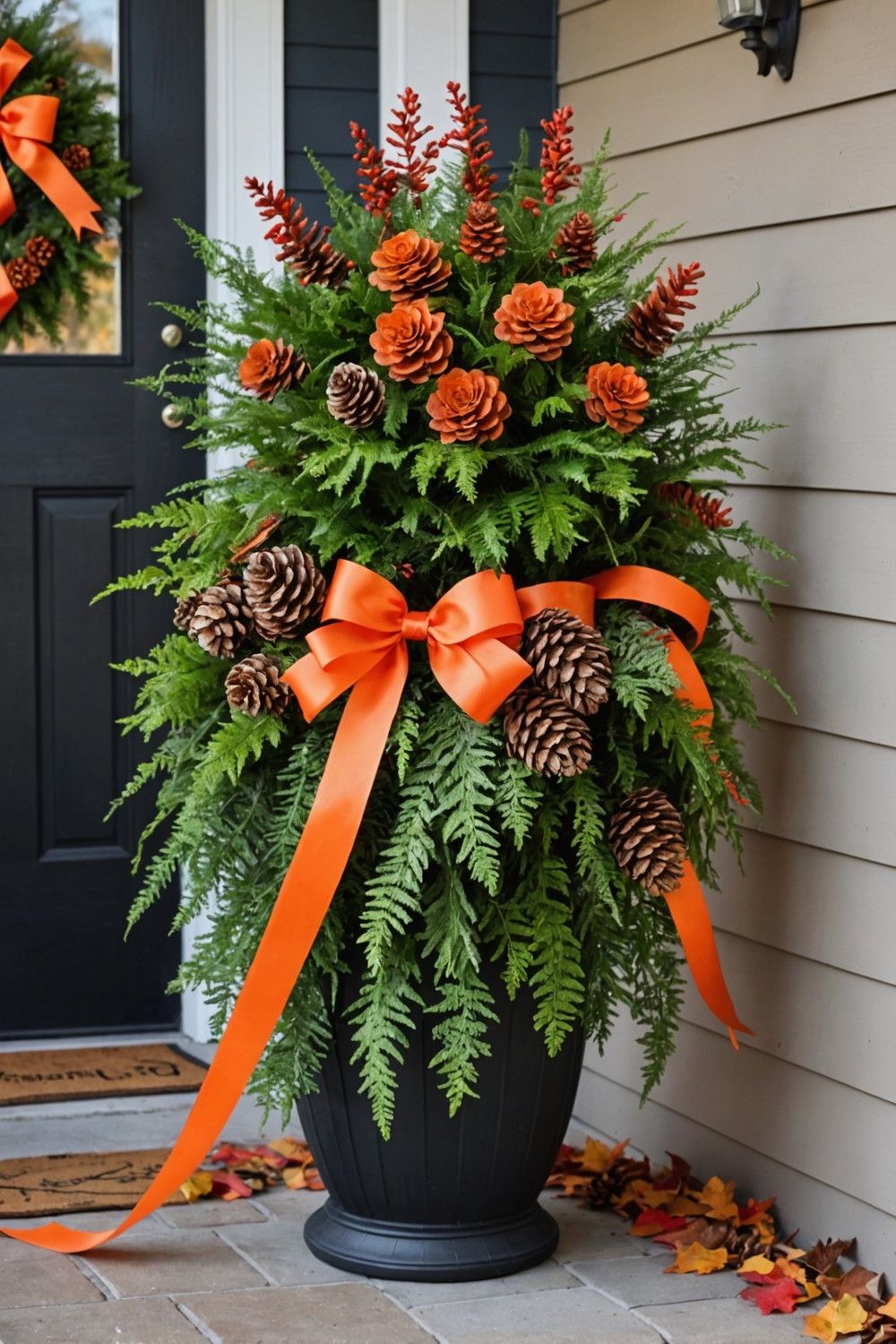 Fall-themed Planter Ideas with Pinecones and Ribbon