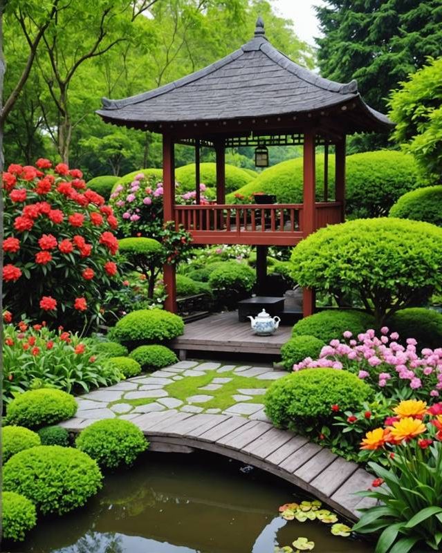 Intimate tea house nestled amidst a vibrant flower garden