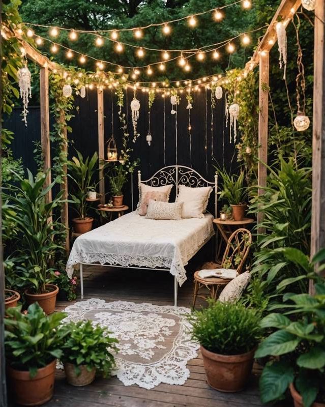 Ethereal Garden with White Lace and Fairy Lights