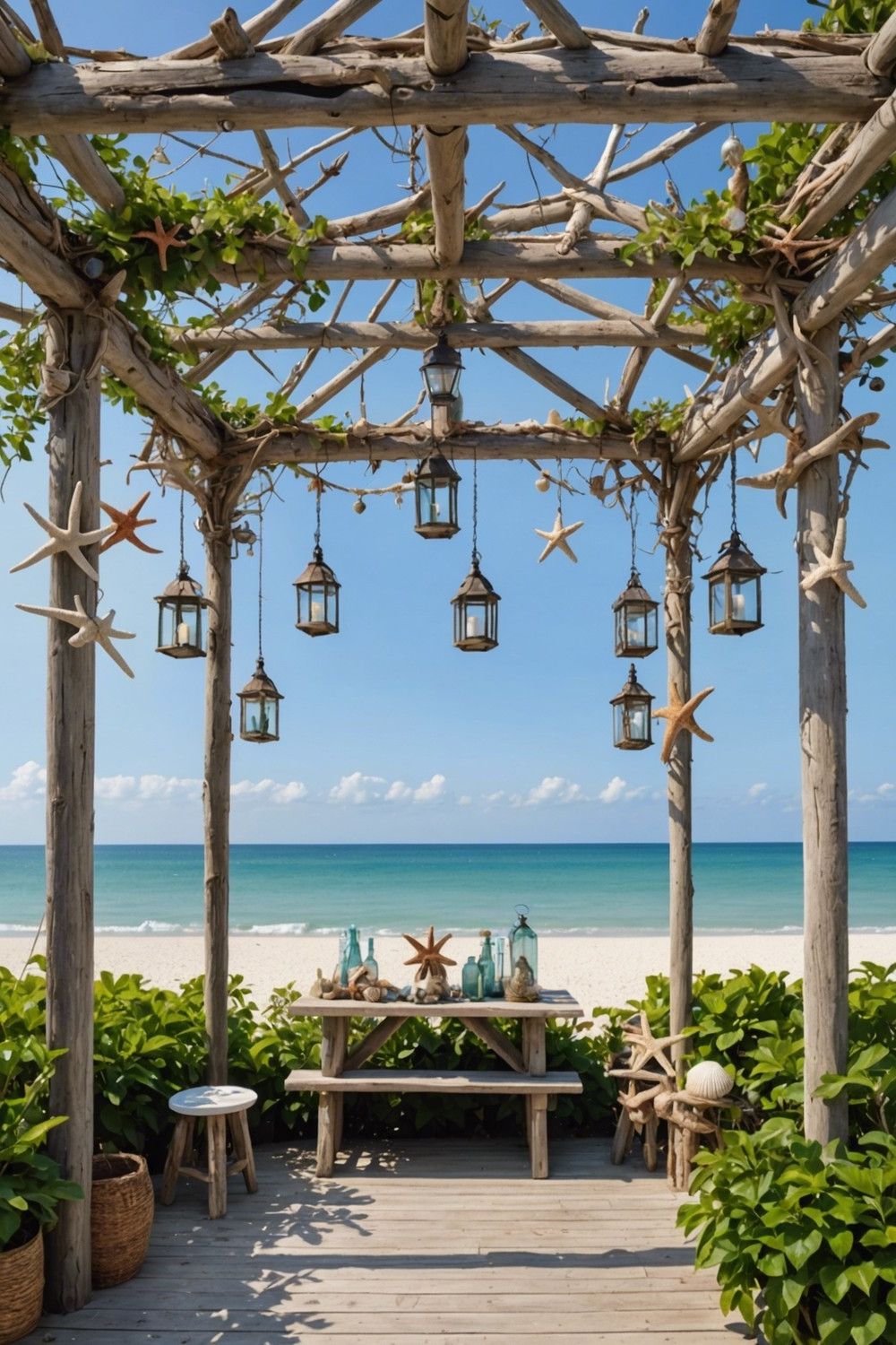 Coastal Pergola with Driftwood and Seashells