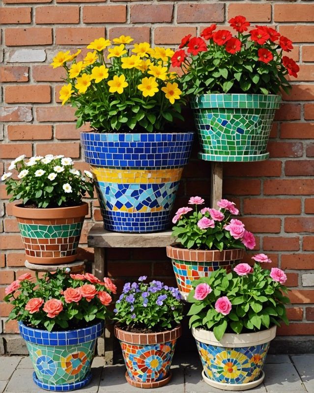 Flower Pots in a Mosaic-Covered Planter