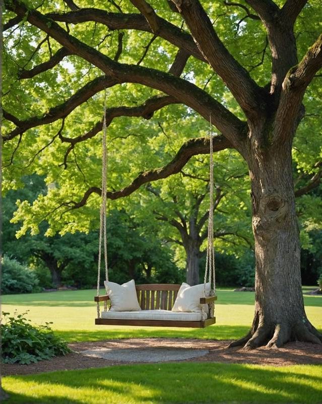 Cozy nook with a swing beneath a mature oak tree