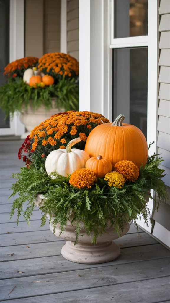 Planters with Pumpkins and Mums