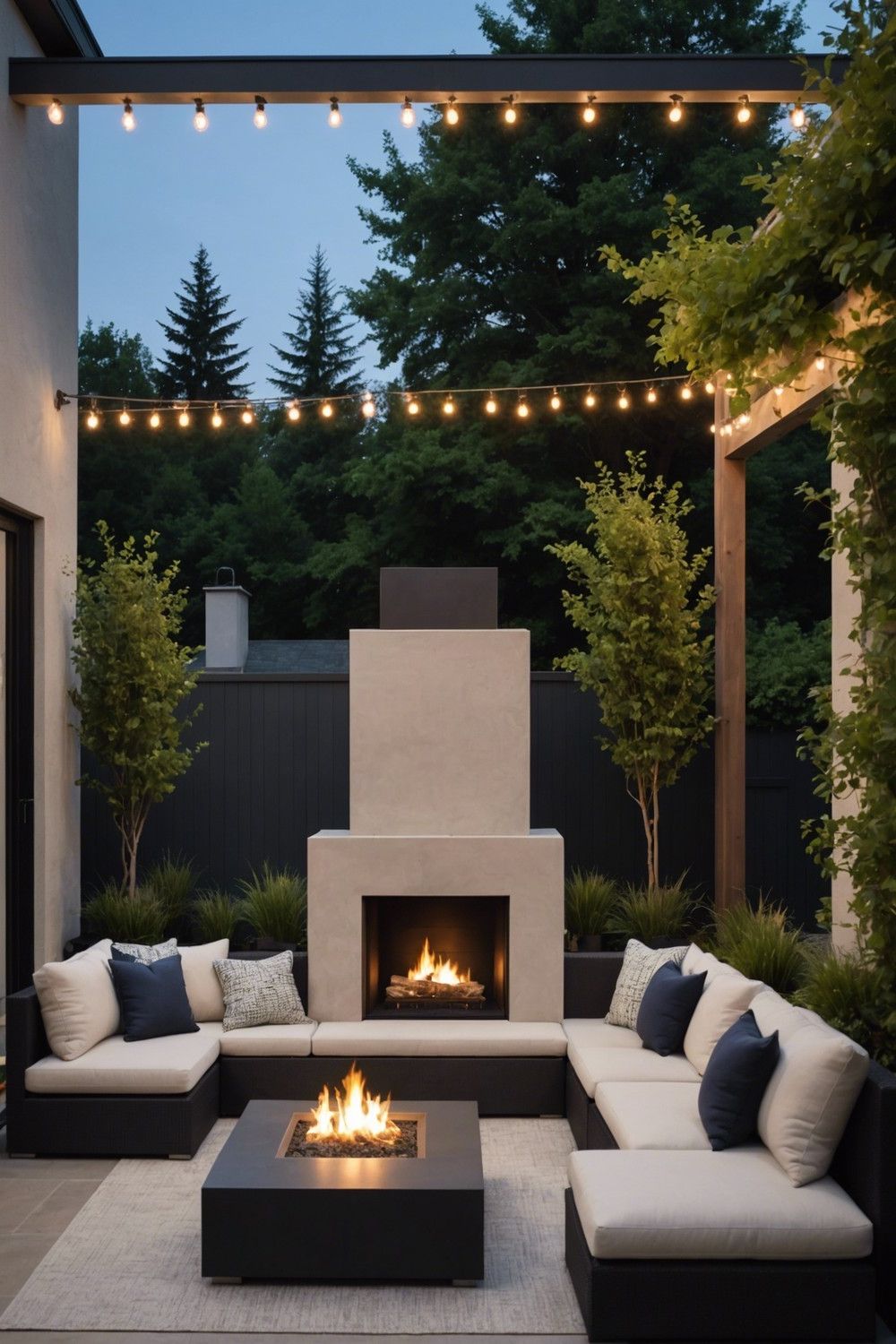 Modern Outdoor Fireplace with Sectional Sofa