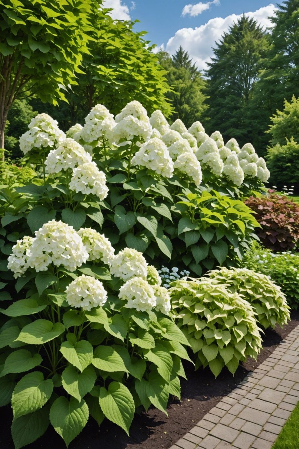 Sunny Border with Panicle Hydrangeas and Solid-Colored Hostas