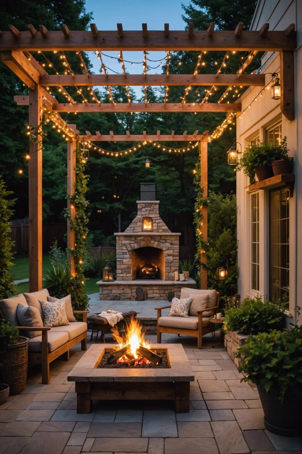 Outdoor Fireplace with Pergola and String Lights