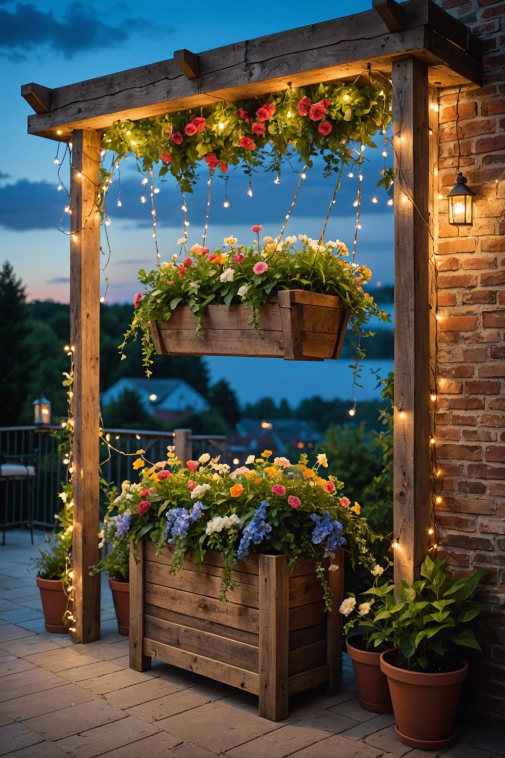 Hanging Wooden Planters with Fairy Lights and Flowers