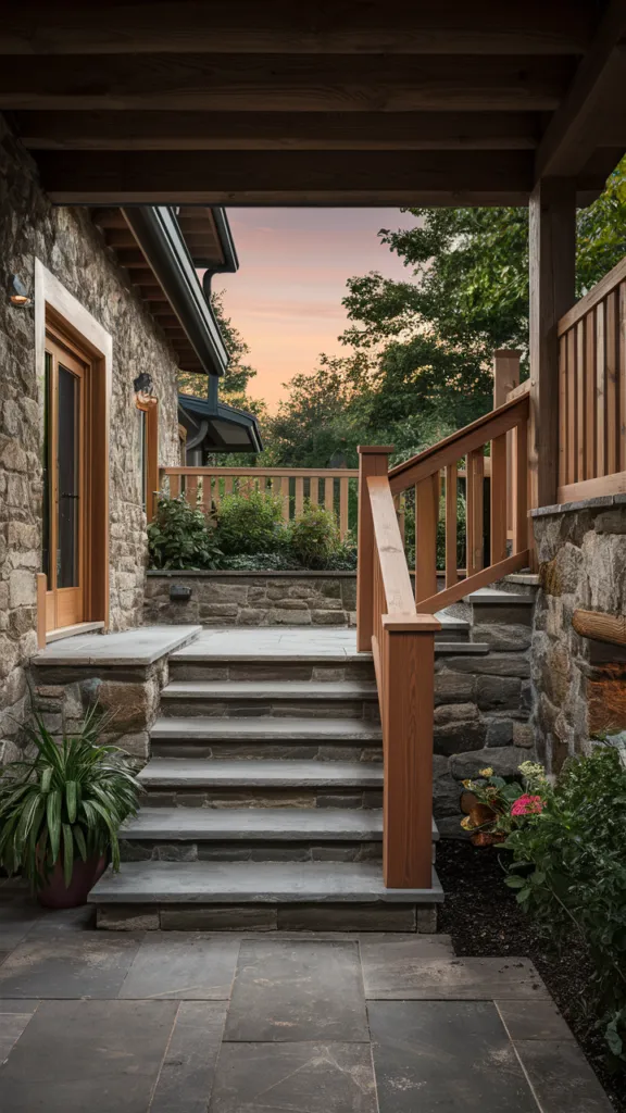 Natural Stone Steps with Wooden Railing