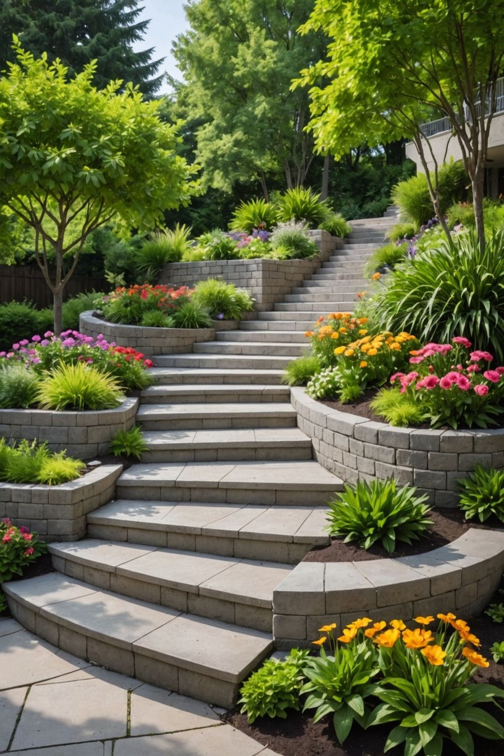 Concrete Block Retaining Wall with Staircase