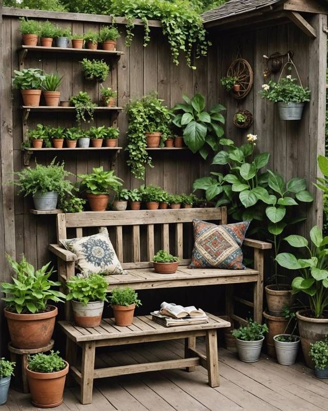 Rustic Garden with Wooden Bench and Vintage Planters