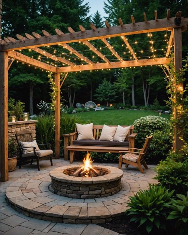 Stone Fire Pit with Pergola and String Lights