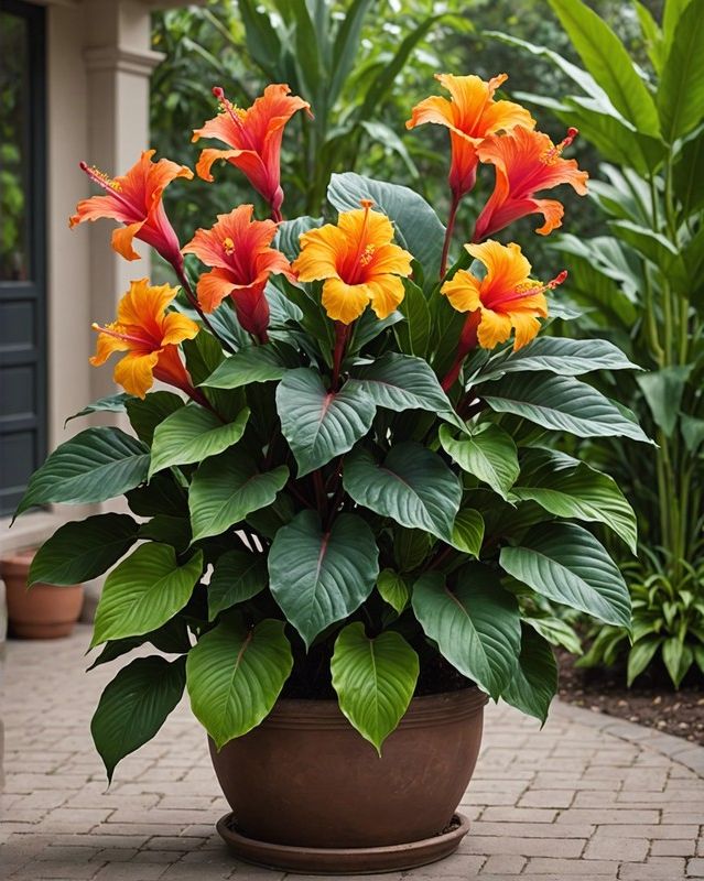 Tropical Oasis with Cannas, Hibiscus, and Palms
