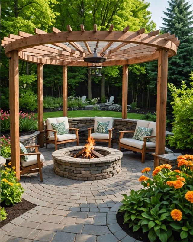 Raised Fire Pit with Pavers and Pergola