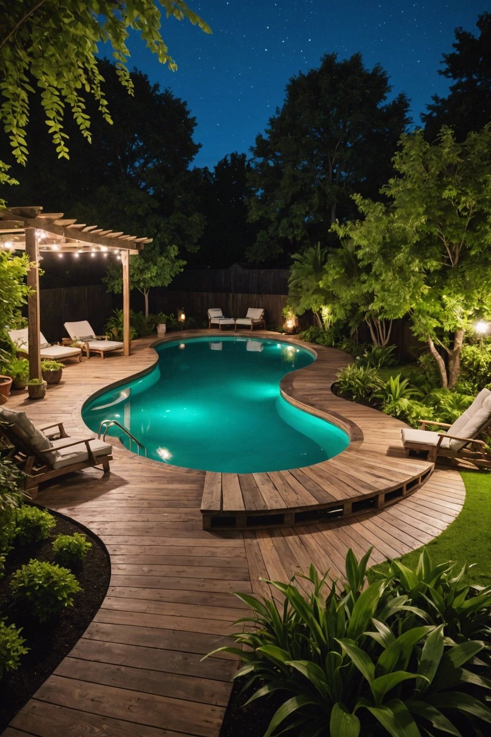 Curved Pallet Pool Decks with LED Lighting