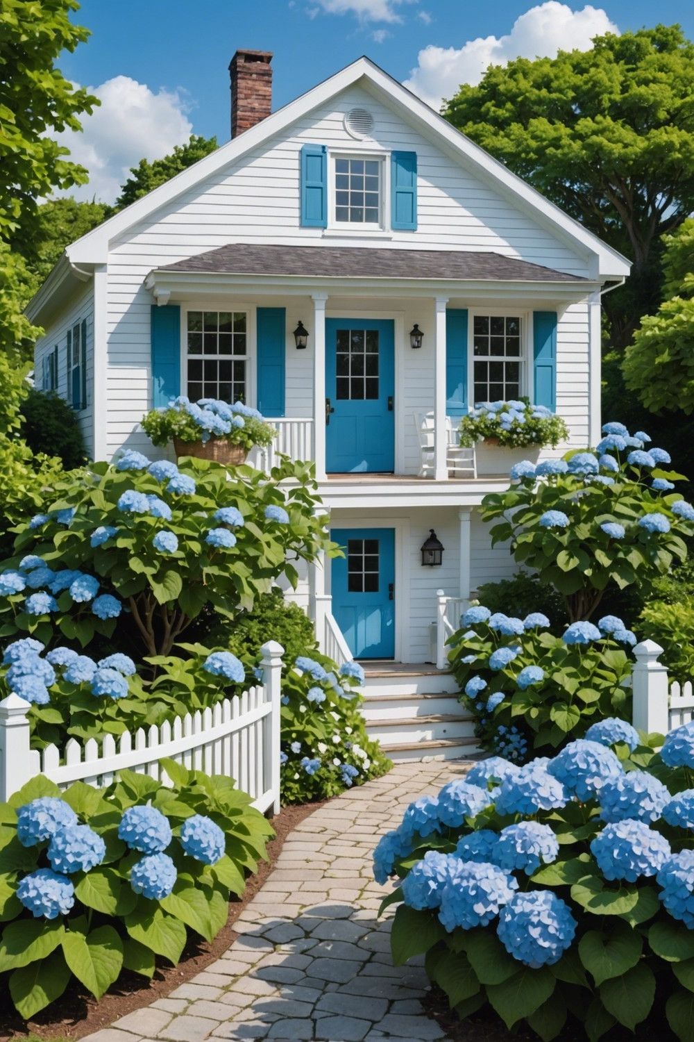 Coastal Cottage with Blue Hydrangeas and Variegated Hostas