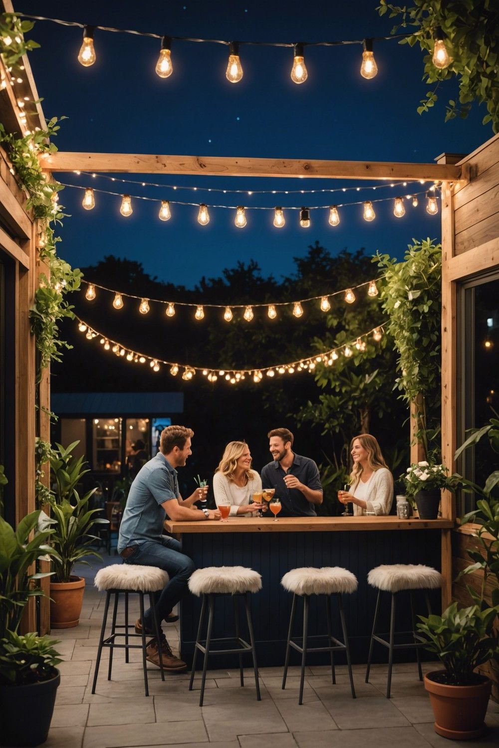 Patio Bar with Stools and Twinkling Lights