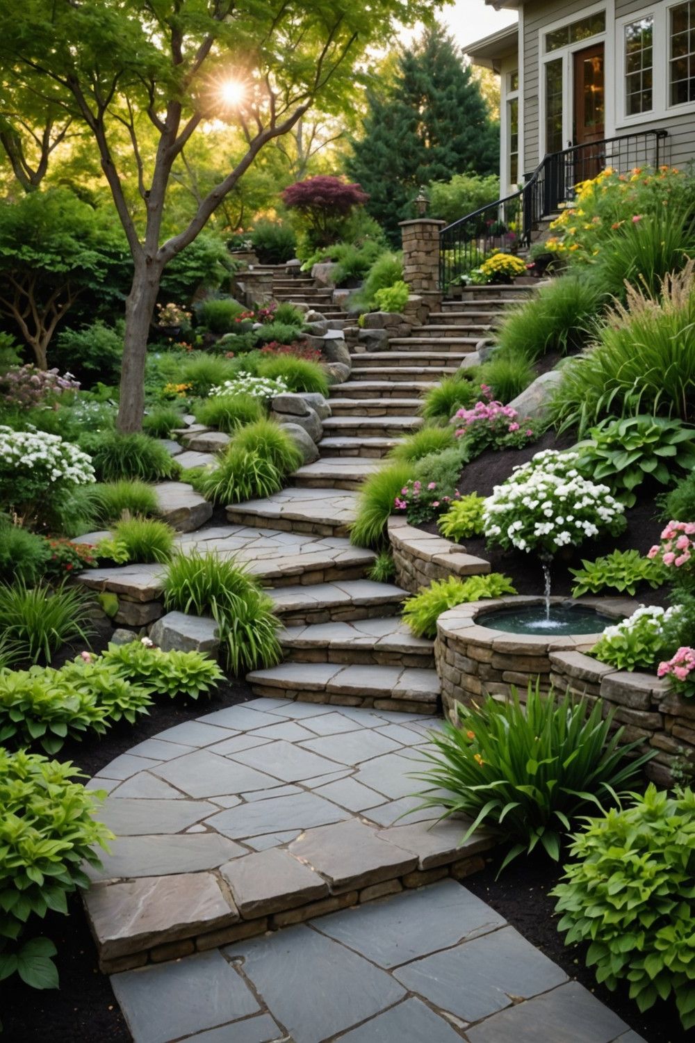 Winding Steps with Water Feature
