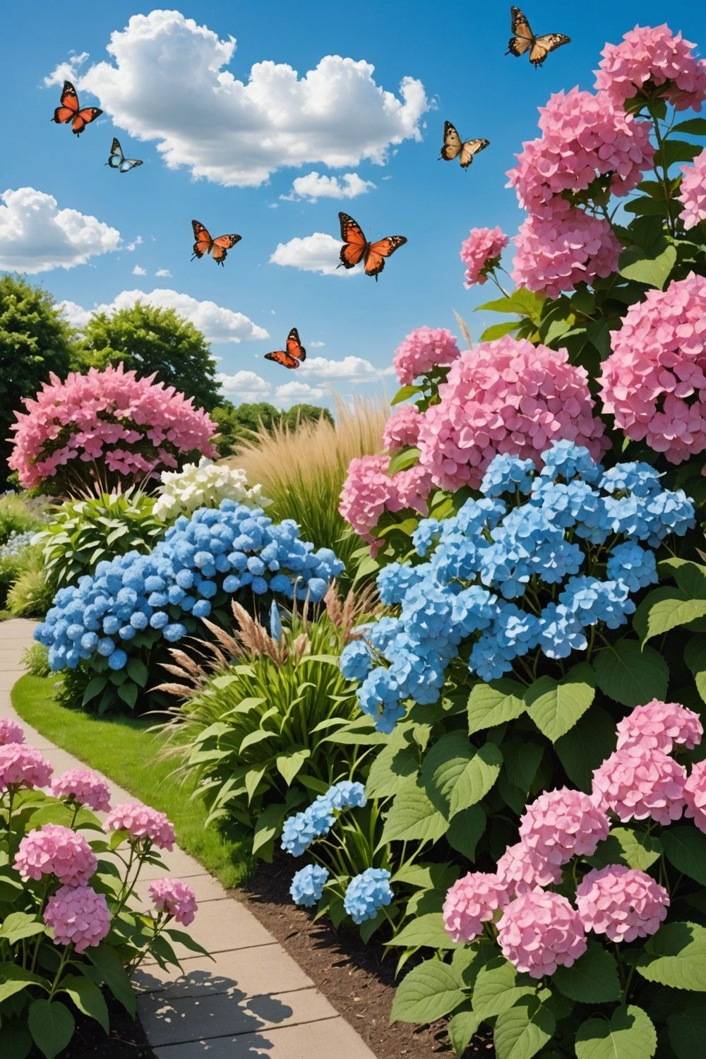 Hydrangea Border with Ornamental Grasses