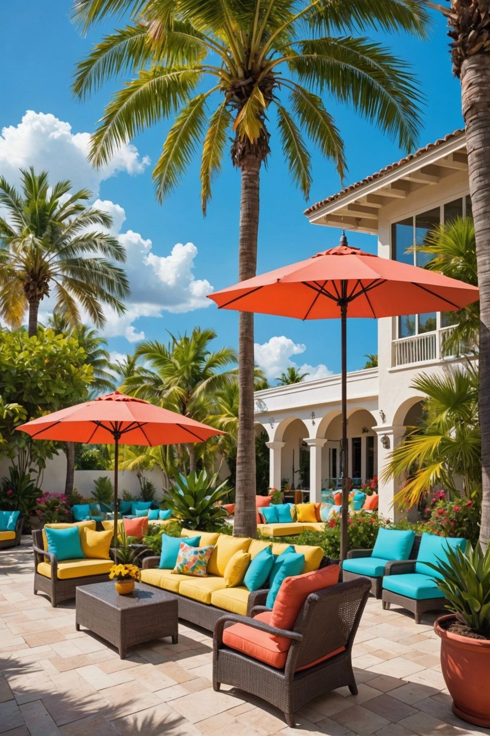 Tropical Patio with Palm Trees and Colorful Accents